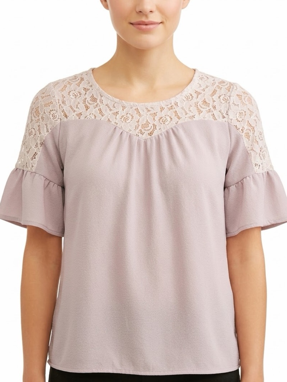 Monteau Los Angeles Lace Yoke Flutter Sleeve Blouse Mauve Size L
